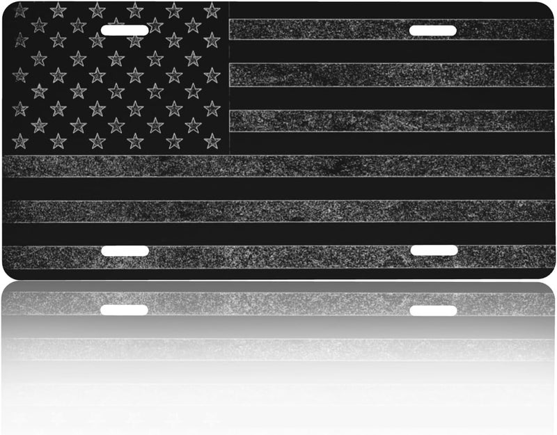 CTVSLFU Front License Plate Cover – Aluminum Metal Car Accessory, Rust-Proof Novelty Vanity Tag Decor for Men & Women, 6x12 with 4 Holes - Black American Flag 002 - Image 1